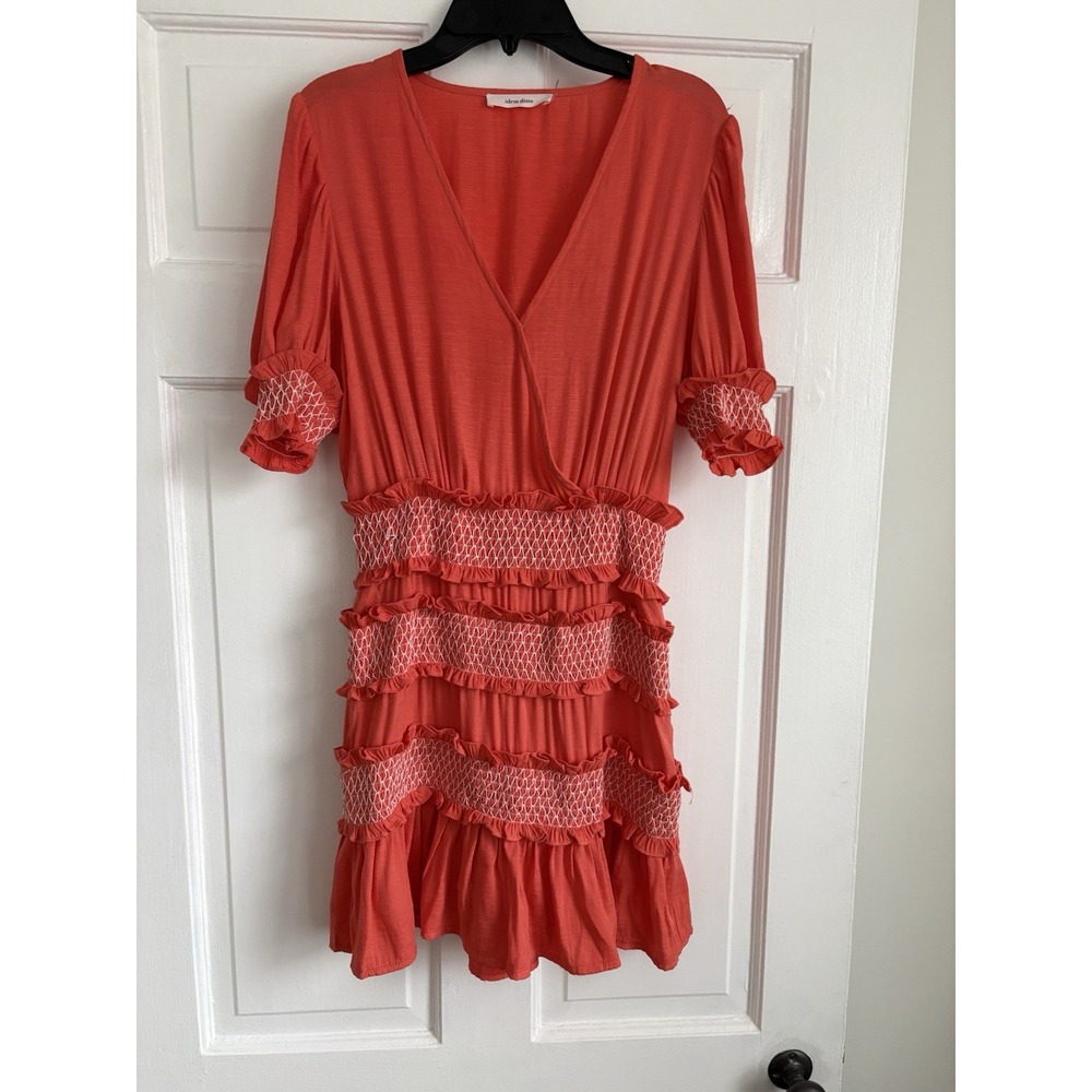 Idem Ditto Womens Coral Orange Smocked Ruffle Mini Dress V-Neck Size S 11232D